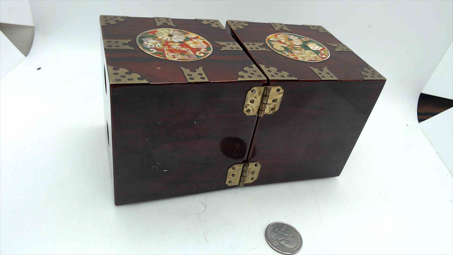 Chinese Rosewood Double-Opening Jewelry Chest – Cloisonné Medallions, Brass Fittings, Red Velvet Drawers, 3.5" Tall