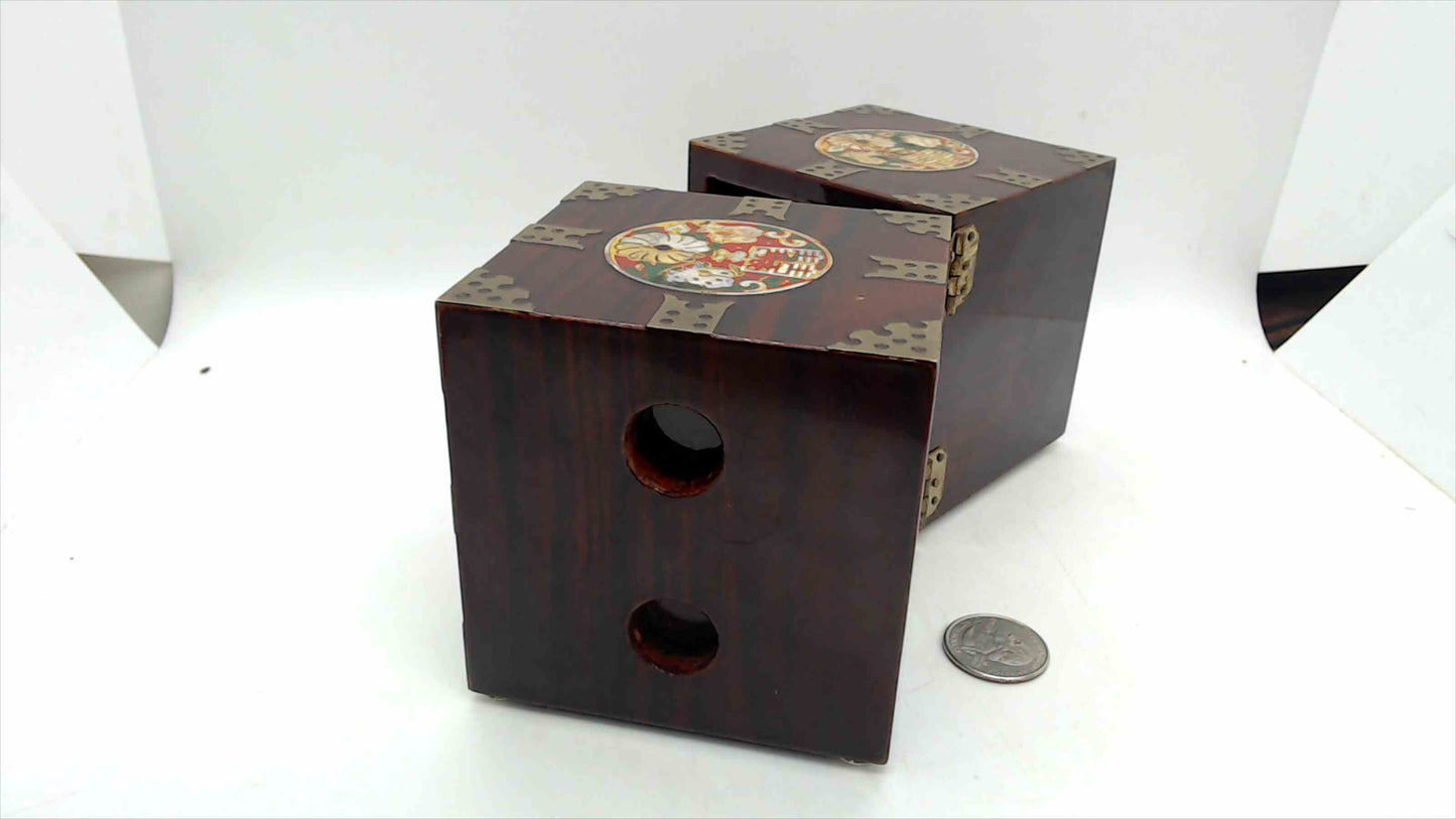Chinese Rosewood Double-Opening Jewelry Chest – Cloisonné Medallions, Brass Fittings, Red Velvet Drawers, 3.5" Tall