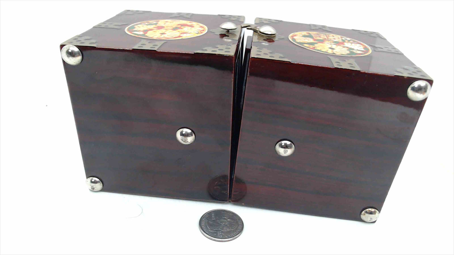Chinese Rosewood Double-Opening Jewelry Chest – Cloisonné Medallions, Brass Fittings, Red Velvet Drawers, 3.5" Tall