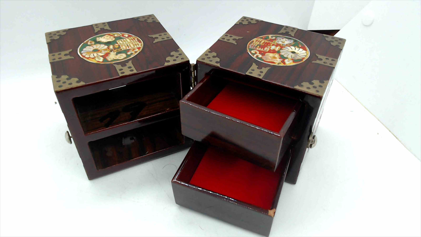 Chinese Rosewood Double-Opening Jewelry Chest – Cloisonné Medallions, Brass Fittings, Red Velvet Drawers, 3.5" Tall