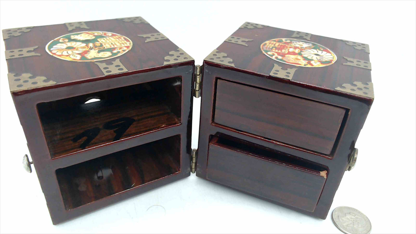 Chinese Rosewood Double-Opening Jewelry Chest – Cloisonné Medallions, Brass Fittings, Red Velvet Drawers, 3.5" Tall