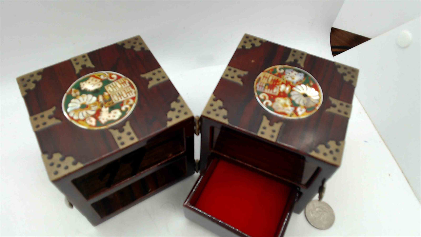 Chinese Rosewood Double-Opening Jewelry Chest – Cloisonné Medallions, Brass Fittings, Red Velvet Drawers, 3.5" Tall