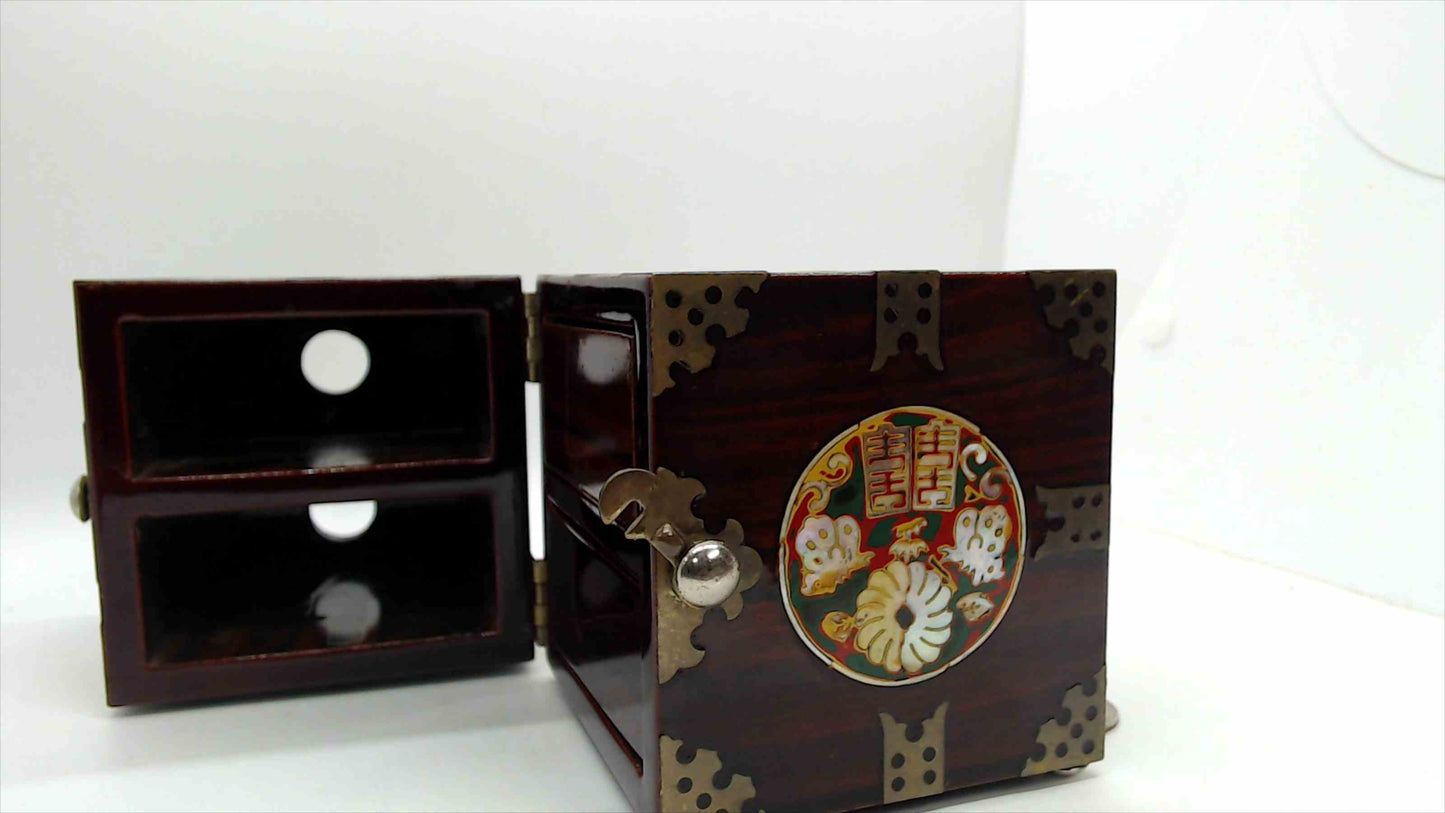 Chinese Rosewood Double-Opening Jewelry Chest – Cloisonné Medallions, Brass Fittings, Red Velvet Drawers, 3.5" Tall