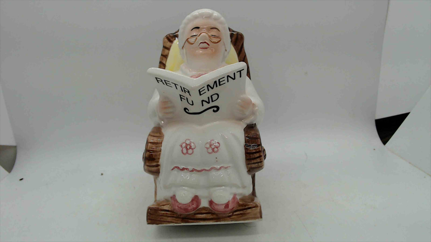 Vintage Ceramic "Retirement Fund" Grandma in Rocking Chair Coin Bank – 6" Tall