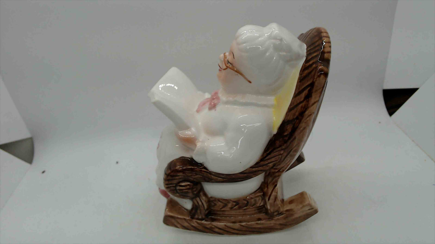 Vintage Ceramic "Retirement Fund" Grandma in Rocking Chair Coin Bank – 6" Tall