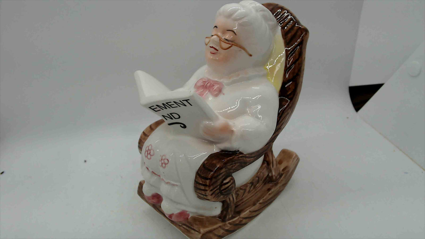 Vintage Ceramic "Retirement Fund" Grandma in Rocking Chair Coin Bank – 6" Tall
