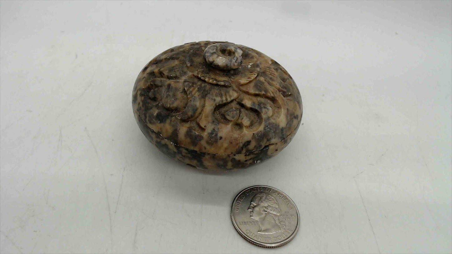 Polished Ammonite Fossil Stone Trinket Box – 2.5" Across, Hand-Carved Floral Lid, Natural Stone Keepsake Box