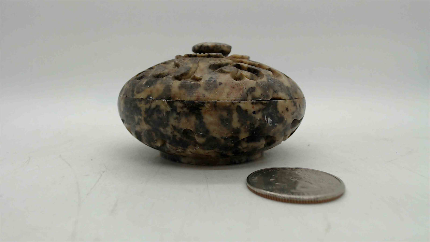 Polished Ammonite Fossil Stone Trinket Box – 2.5" Across, Hand-Carved Floral Lid, Natural Stone Keepsake Box