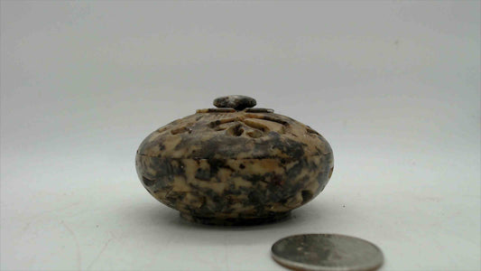 Polished Ammonite Fossil Stone Trinket Box – 2.5" Across, Hand-Carved Floral Lid, Natural Stone Keepsake Box