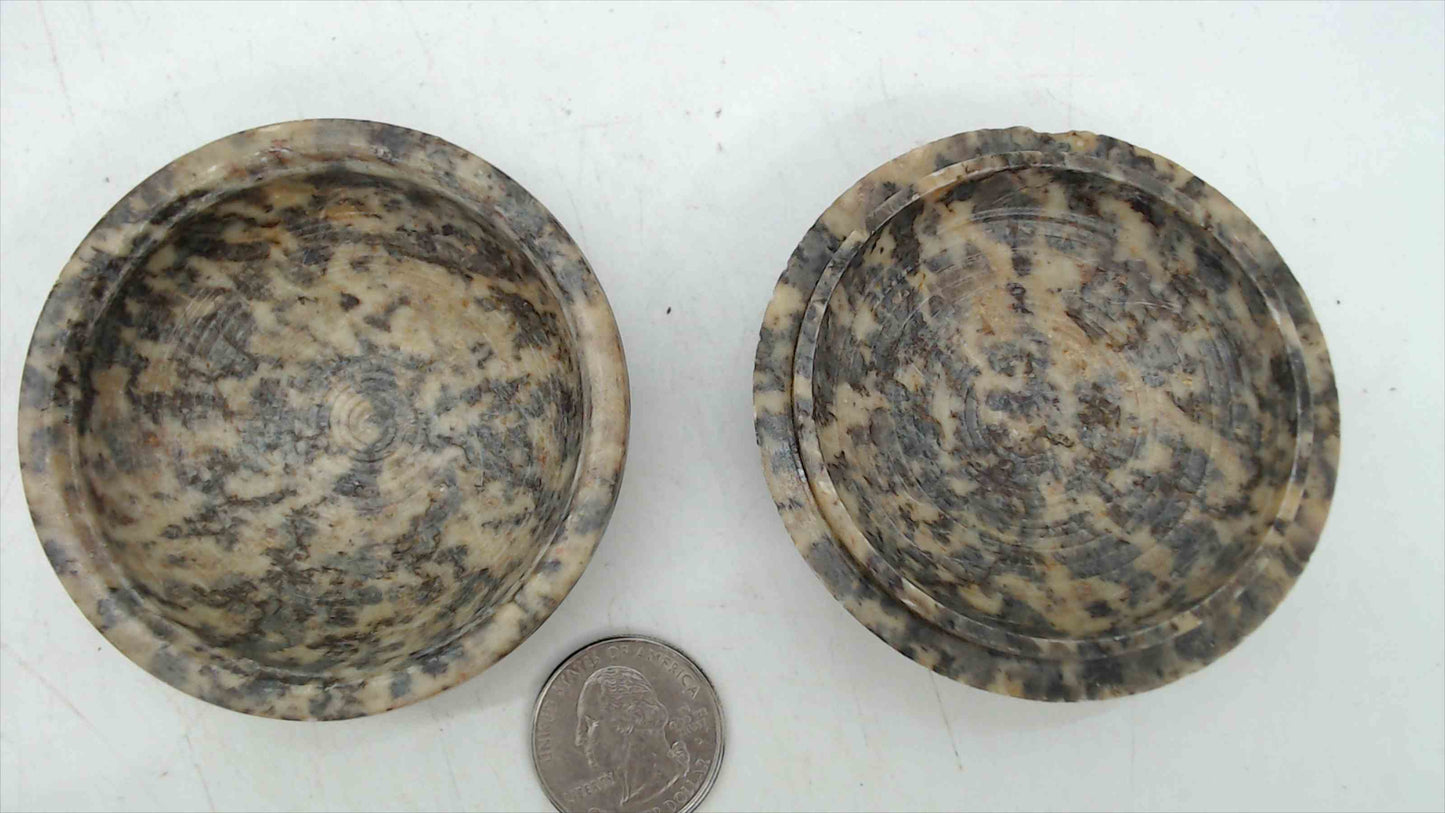 Polished Ammonite Fossil Stone Trinket Box – 2.5" Across, Hand-Carved Floral Lid, Natural Stone Keepsake Box