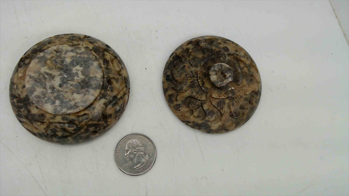 Polished Ammonite Fossil Stone Trinket Box – 2.5" Across, Hand-Carved Floral Lid, Natural Stone Keepsake Box