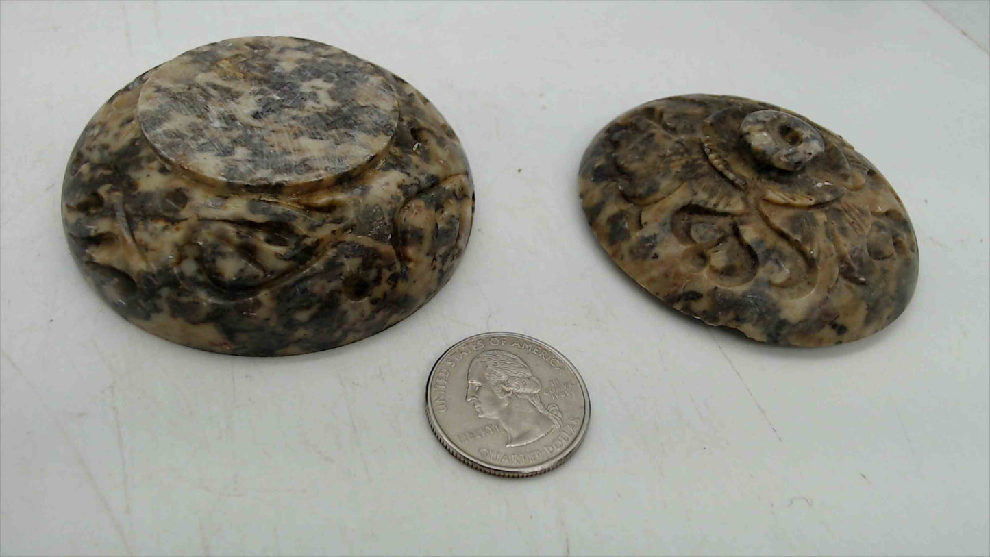 Polished Ammonite Fossil Stone Trinket Box – 2.5" Across, Hand-Carved Floral Lid, Natural Stone Keepsake Box