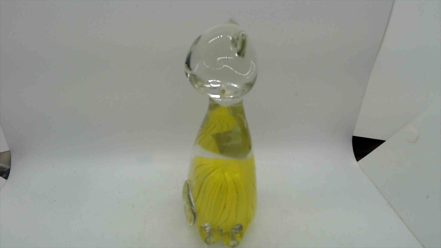 Large Hand-Blown Art Glass Cat Figurine – 7" Tall, 2.5 lbs, Yellow Cane Ribbon & Yarn Ball, Murano Style