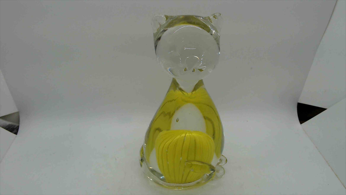 Large Hand-Blown Art Glass Cat Figurine – 7" Tall, 2.5 lbs, Yellow Cane Ribbon & Yarn Ball, Murano Style