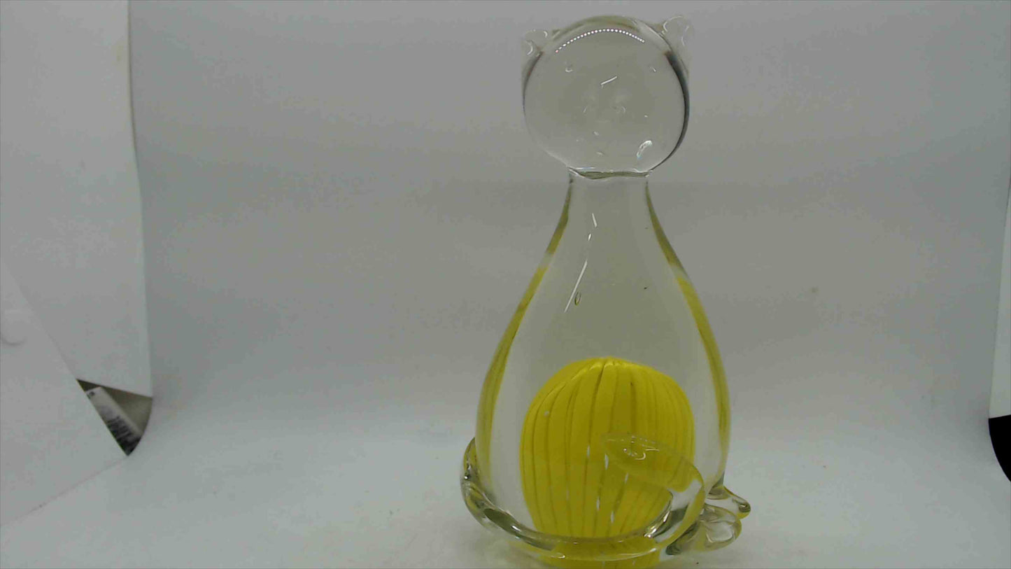 Large Hand-Blown Art Glass Cat Figurine – 7" Tall, 2.5 lbs, Yellow Cane Ribbon & Yarn Ball, Murano Style