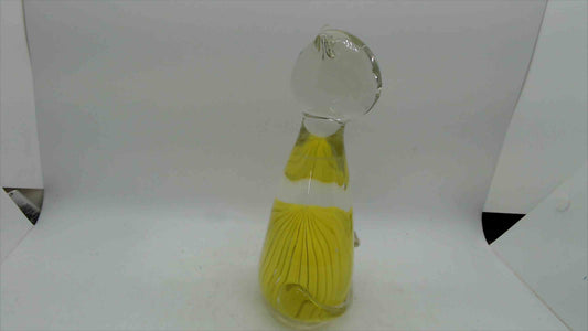 Large Hand-Blown Art Glass Cat Figurine – 7" Tall, 2.5 lbs, Yellow Cane Ribbon & Yarn Ball, Murano Style