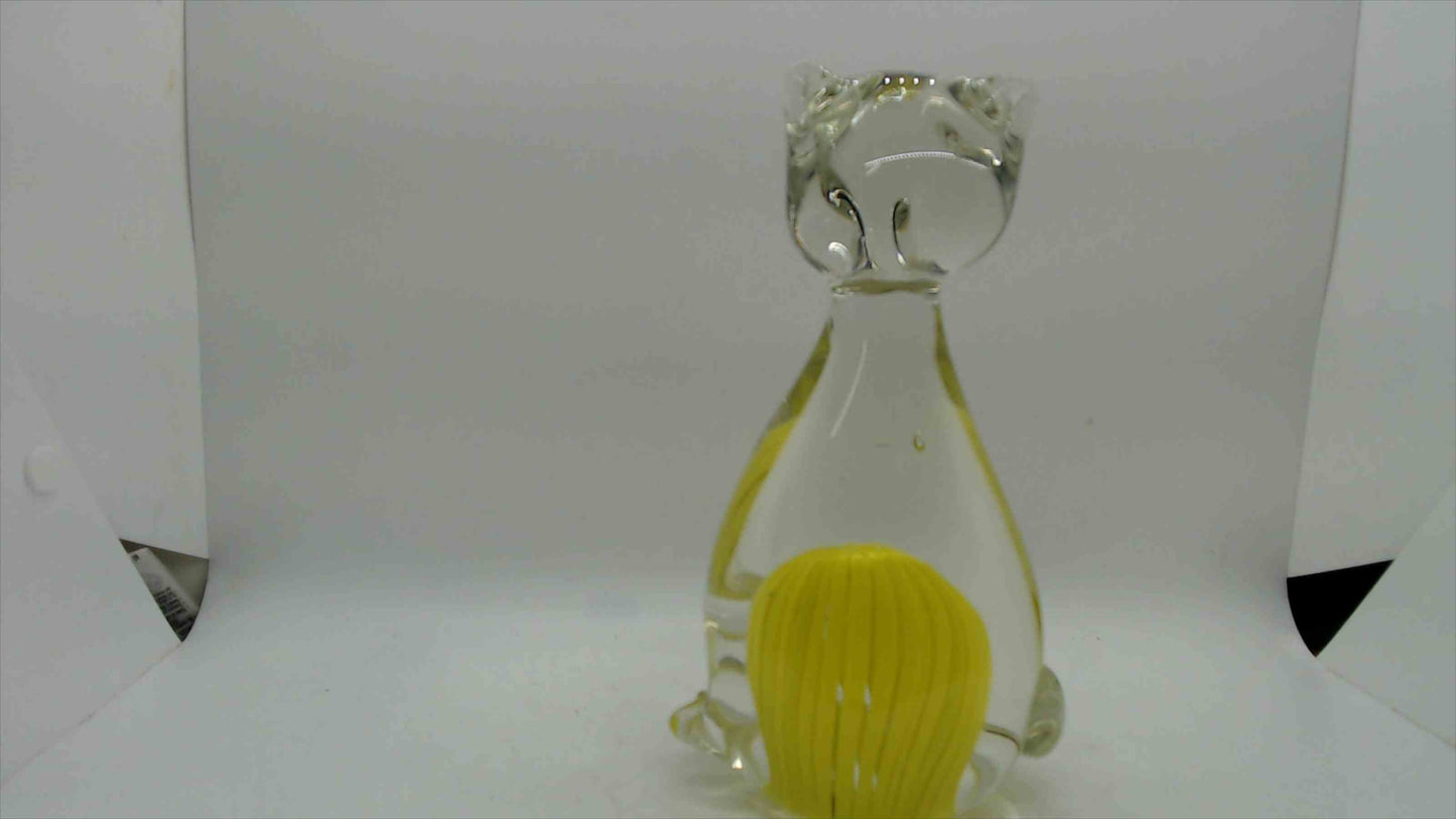 Large Hand-Blown Art Glass Cat Figurine – 7" Tall, 2.5 lbs, Yellow Cane Ribbon & Yarn Ball, Murano Style