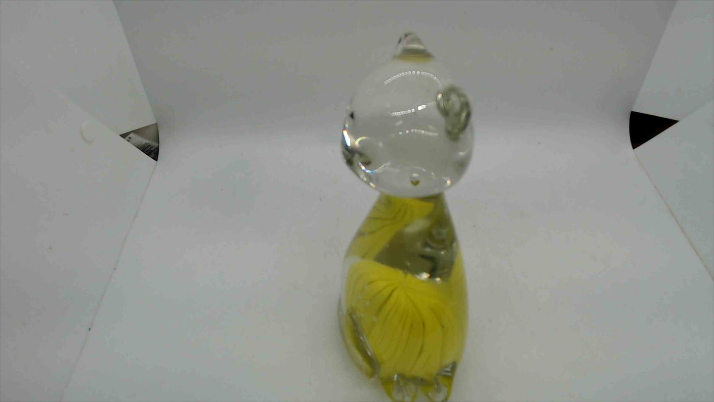 Large Hand-Blown Art Glass Cat Figurine – 7" Tall, 2.5 lbs, Yellow Cane Ribbon & Yarn Ball, Murano Style