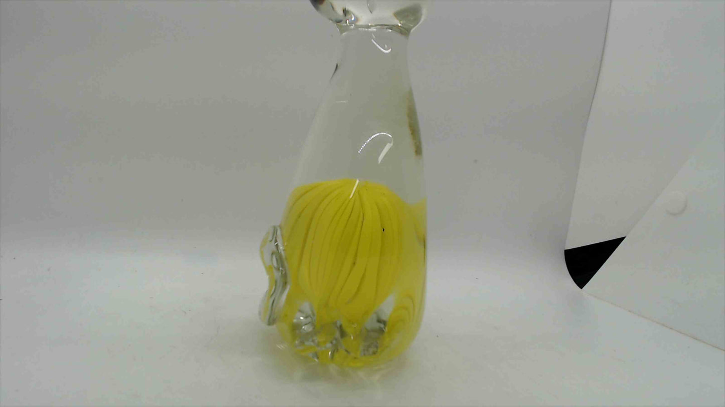 Large Hand-Blown Art Glass Cat Figurine – 7" Tall, 2.5 lbs, Yellow Cane Ribbon & Yarn Ball, Murano Style