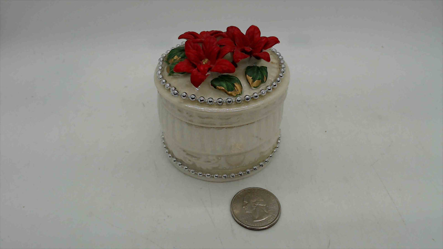Ceramic Poinsettia Christmas Trinket Box – 2.75" Wide, 3D Applied Blooms, Silver Beaded Trim, Cream Ivory