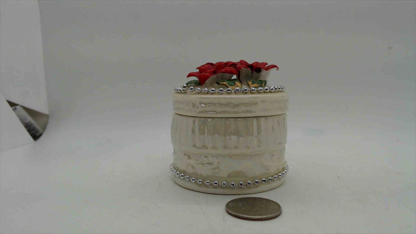 Ceramic Poinsettia Christmas Trinket Box – 2.75" Wide, 3D Applied Blooms, Silver Beaded Trim, Cream Ivory