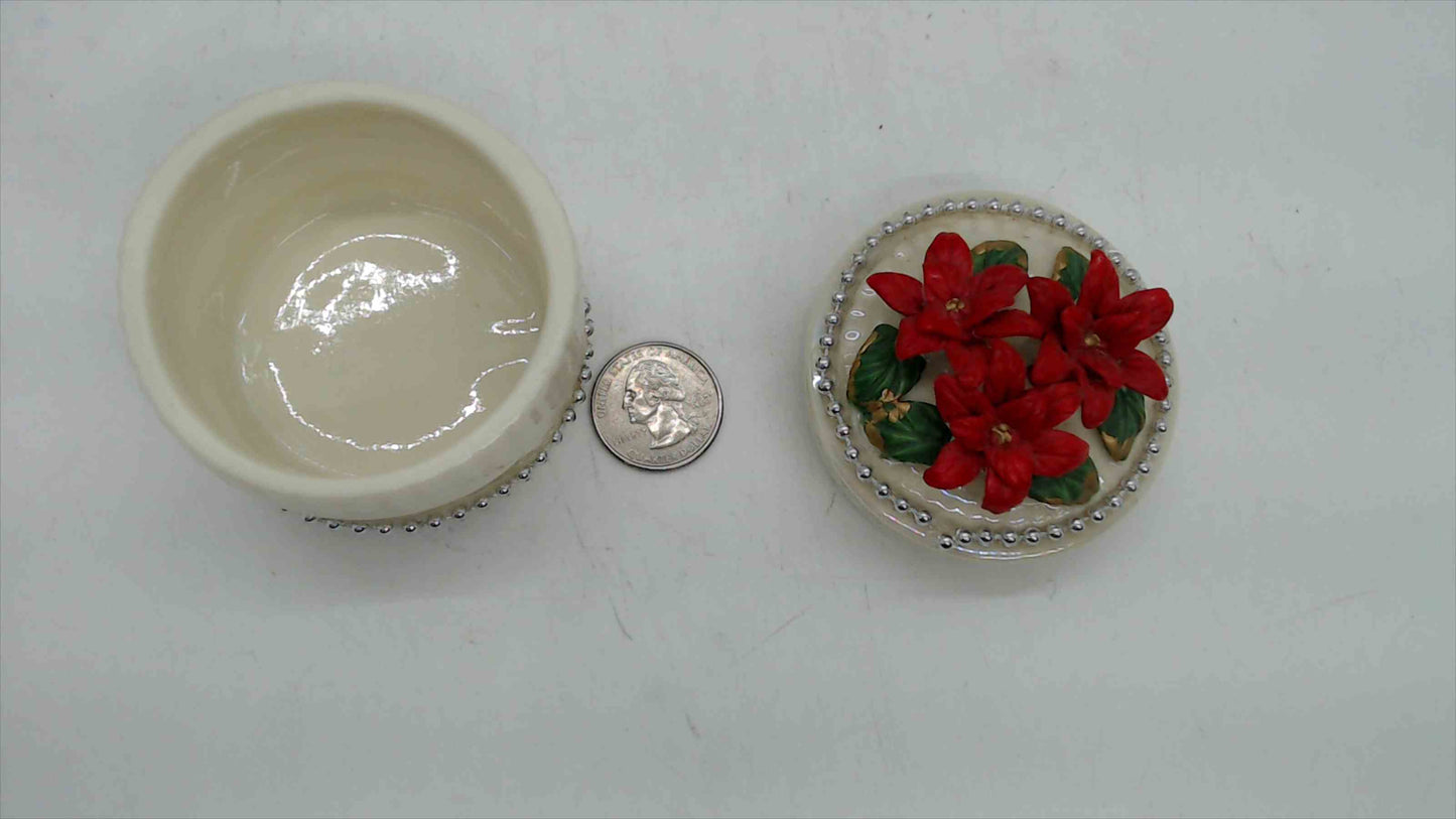 Ceramic Poinsettia Christmas Trinket Box – 2.75" Wide, 3D Applied Blooms, Silver Beaded Trim, Cream Ivory