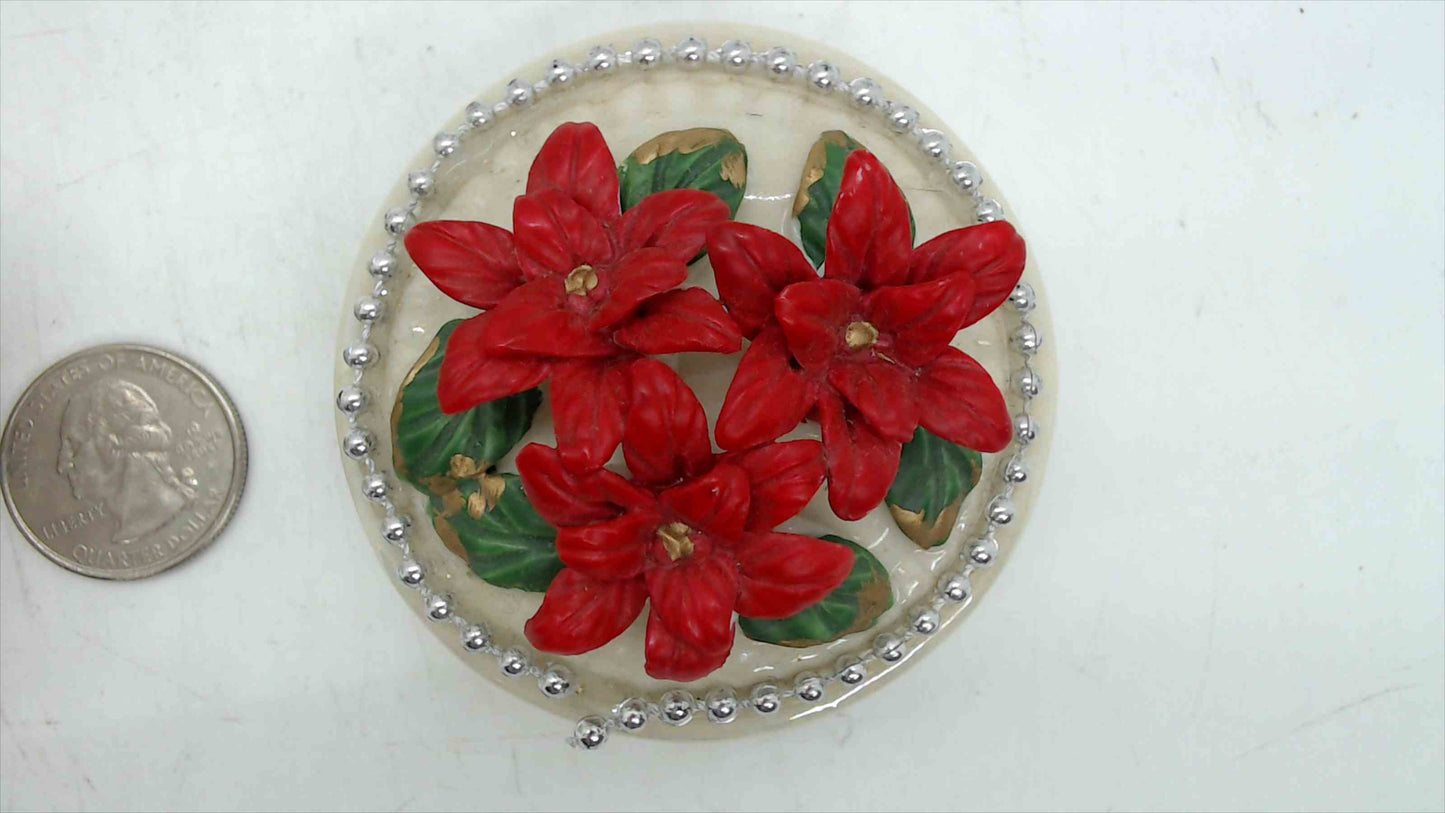 Ceramic Poinsettia Christmas Trinket Box – 2.75" Wide, 3D Applied Blooms, Silver Beaded Trim, Cream Ivory