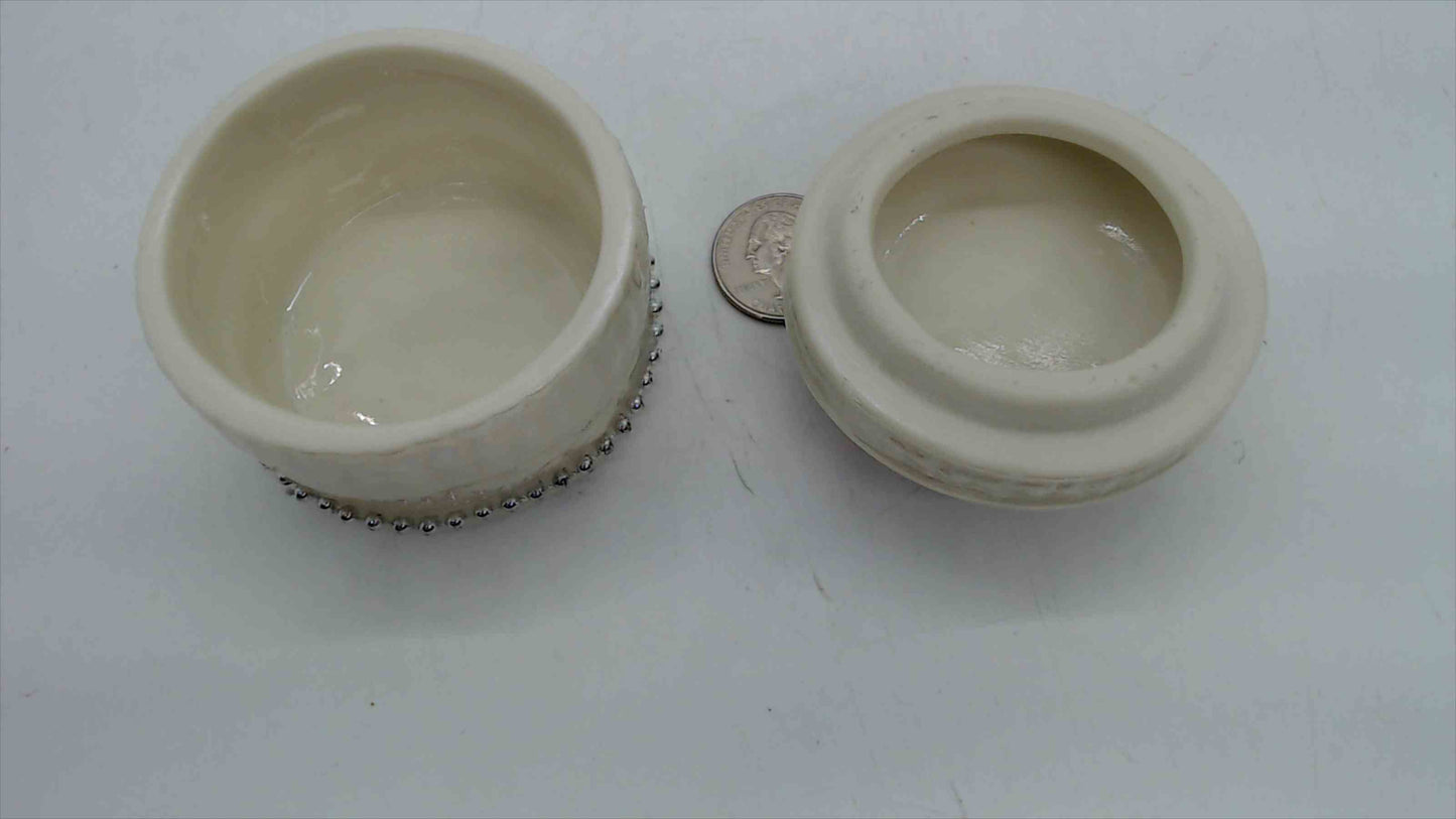Ceramic Poinsettia Christmas Trinket Box – 2.75" Wide, 3D Applied Blooms, Silver Beaded Trim, Cream Ivory