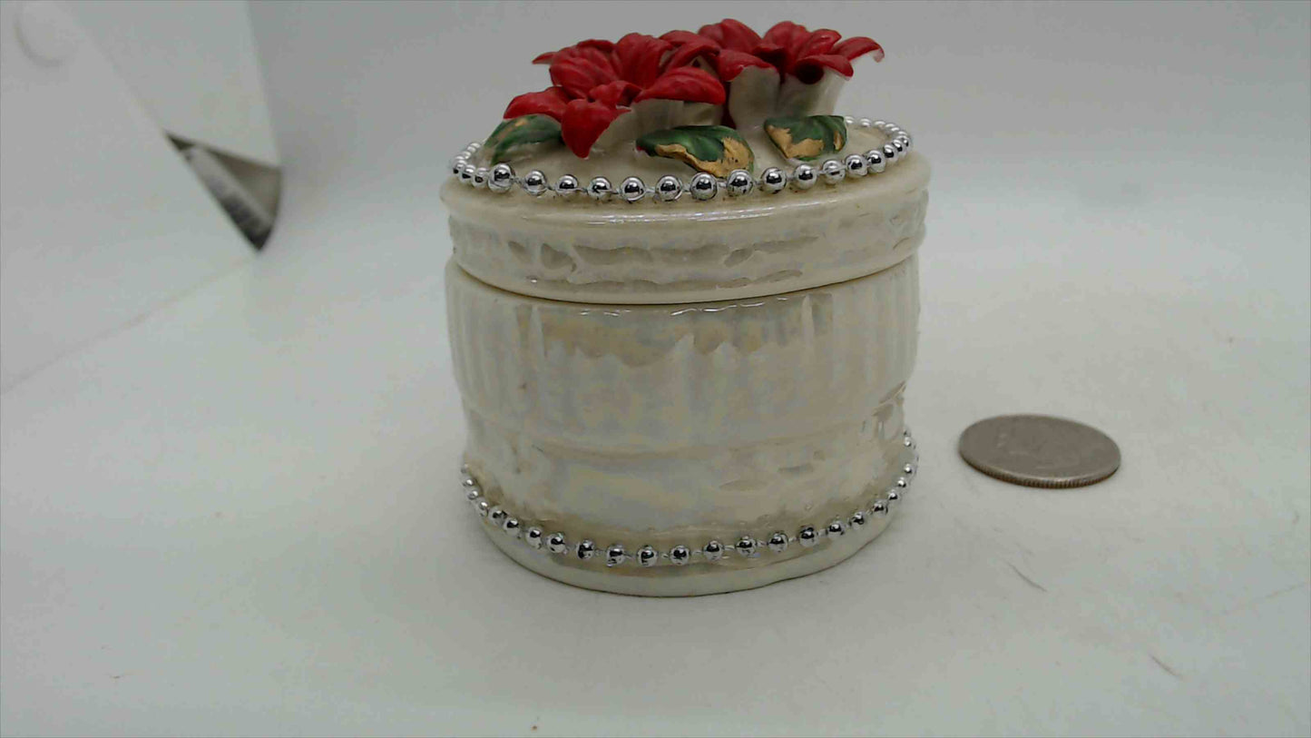 Ceramic Poinsettia Christmas Trinket Box – 2.75" Wide, 3D Applied Blooms, Silver Beaded Trim, Cream Ivory