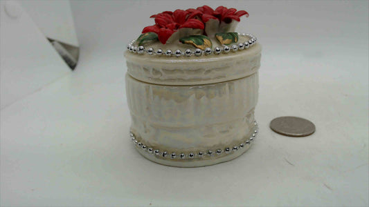 Ceramic Poinsettia Christmas Trinket Box – 2.75" Wide, 3D Applied Blooms, Silver Beaded Trim, Cream Ivory