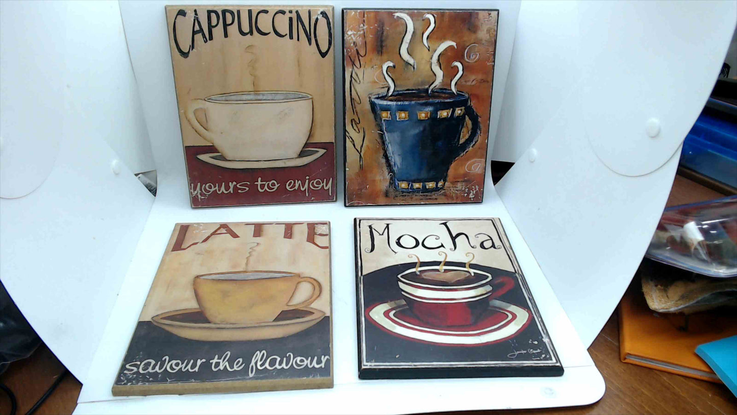 Set of 4 Coffee Art Wood Plaques – Cappuccino, Latte, Mocha, Bistro Style Kitchen Wall Decor