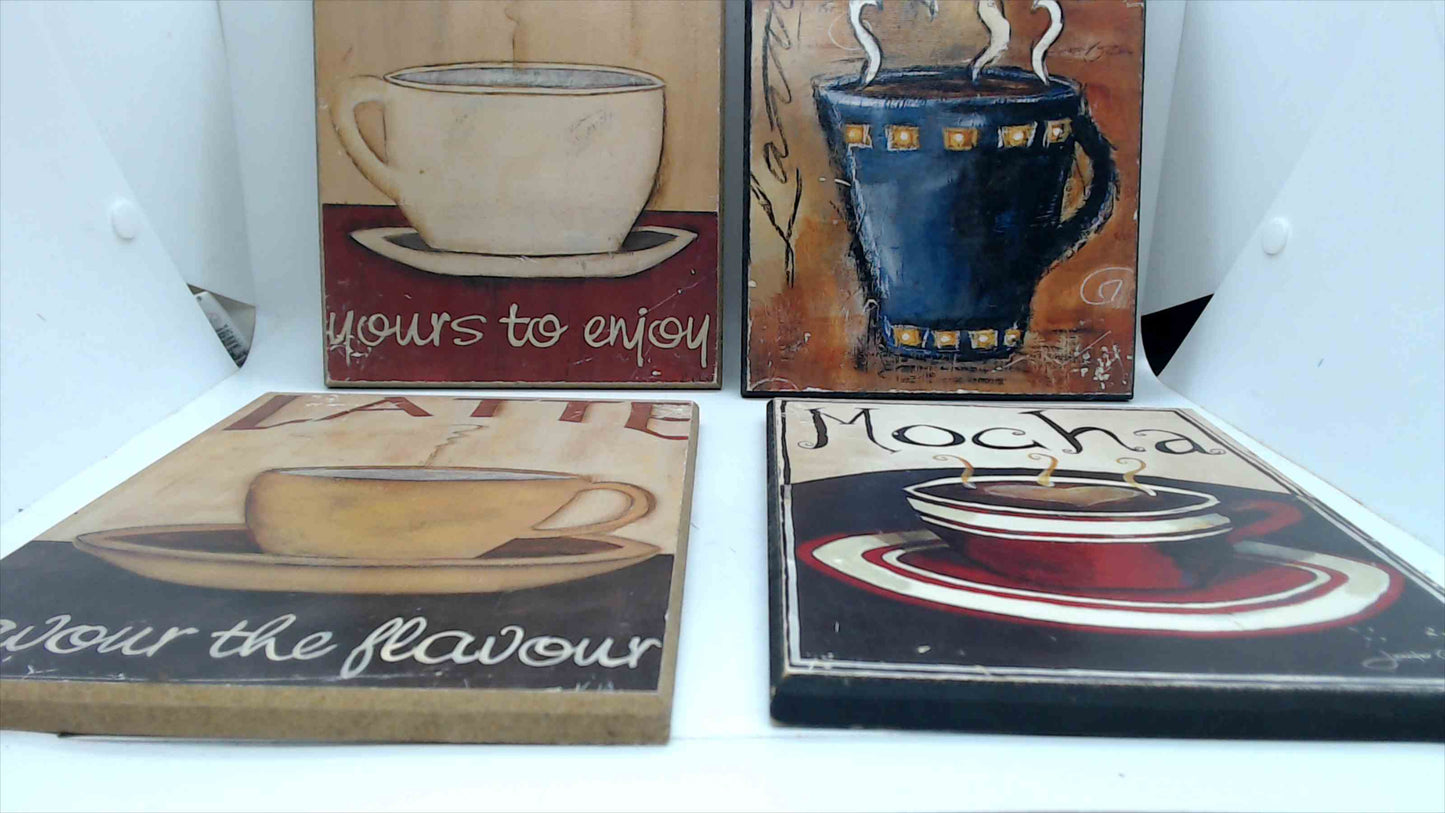 Set of 4 Coffee Art Wood Plaques – Cappuccino, Latte, Mocha, Bistro Style Kitchen Wall Decor