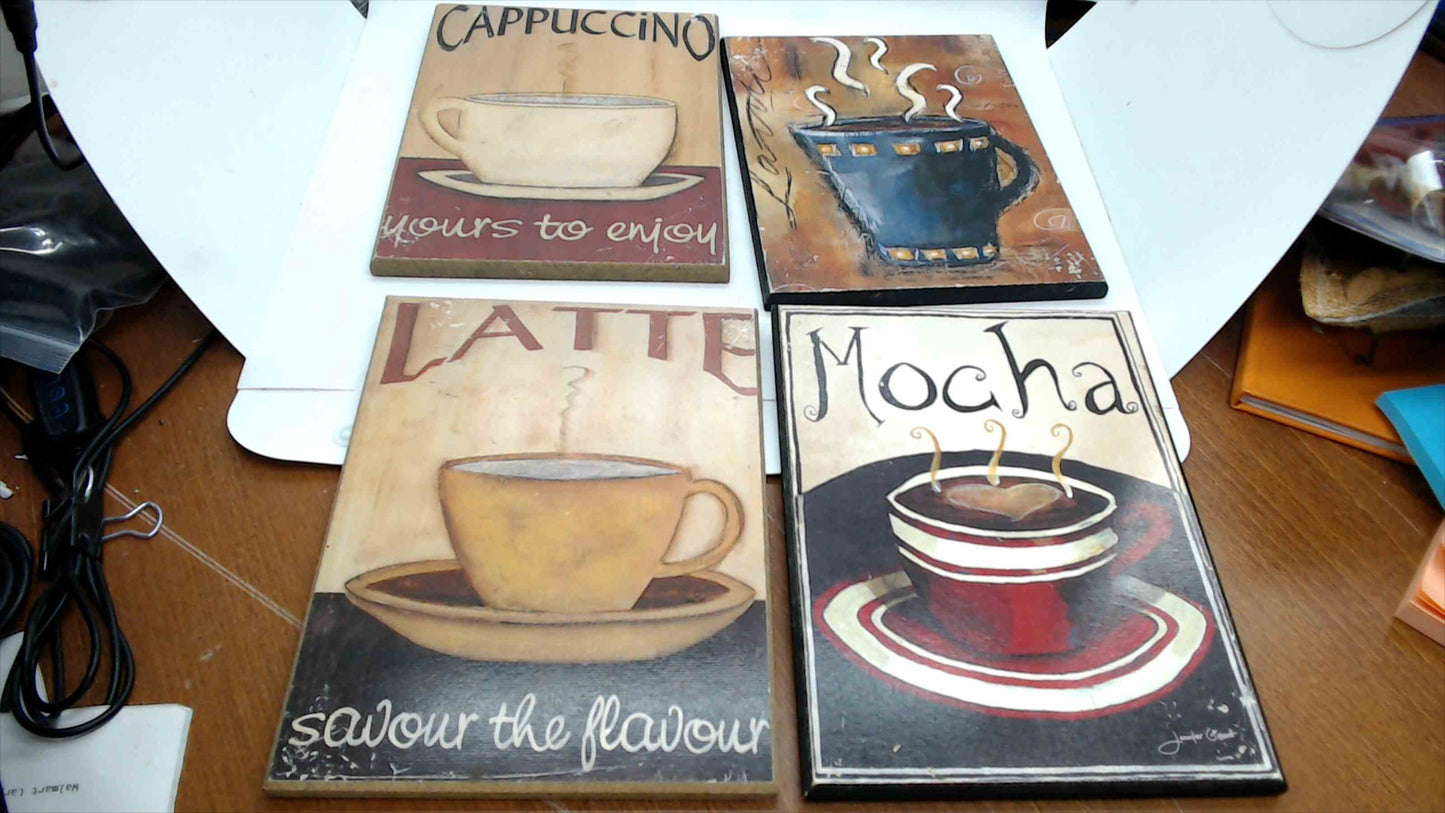 Set of 4 Coffee Art Wood Plaques – Cappuccino, Latte, Mocha, Bistro Style Kitchen Wall Decor