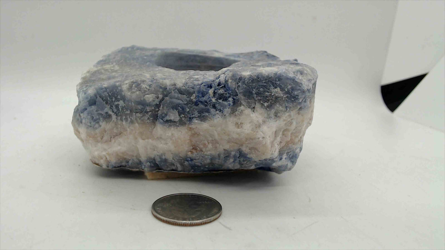 Blue Calcite Sodalite Raw Stone Candle Holder – 4"x3.5", Natural Rough Crystal, Taper Votive Holder