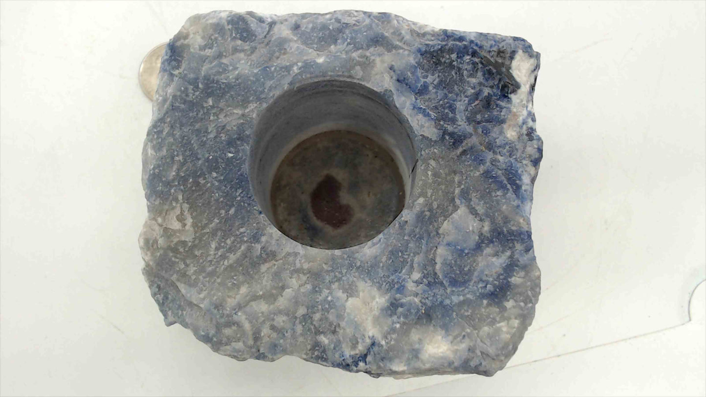 Blue Calcite Sodalite Raw Stone Candle Holder – 4"x3.5", Natural Rough Crystal, Taper Votive Holder