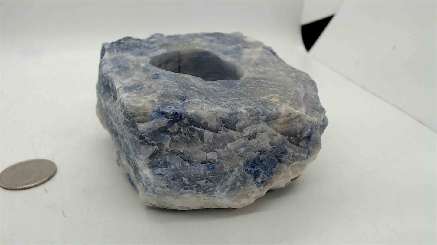 Blue Calcite Sodalite Raw Stone Candle Holder – 4"x3.5", Natural Rough Crystal, Taper Votive Holder