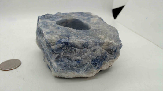 Blue Calcite Sodalite Raw Stone Candle Holder – 4"x3.5", Natural Rough Crystal, Taper Votive Holder