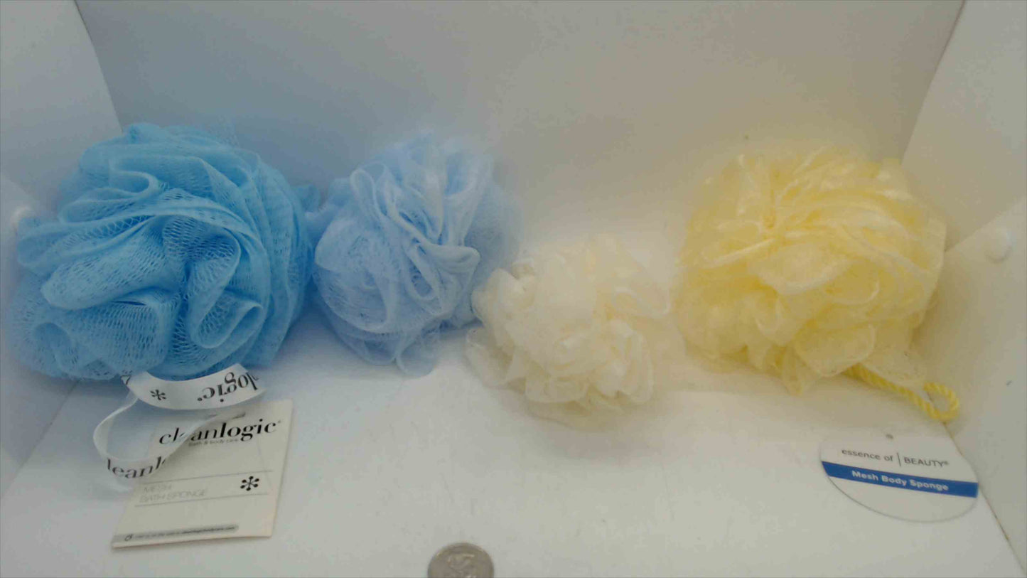 Mesh Bath Pouf Loofah Sponge Set of 4 – Cleanlogic & Essence of Beauty, Blue White Yellow, New with Tags