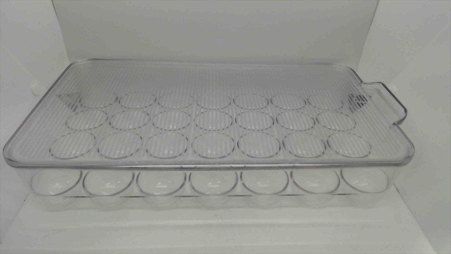 Large Clear Acrylic Refrigerator Egg Holder Tray with Lid – Holds 28 Eggs, 15"x9", Stackable Fridge Organizer
