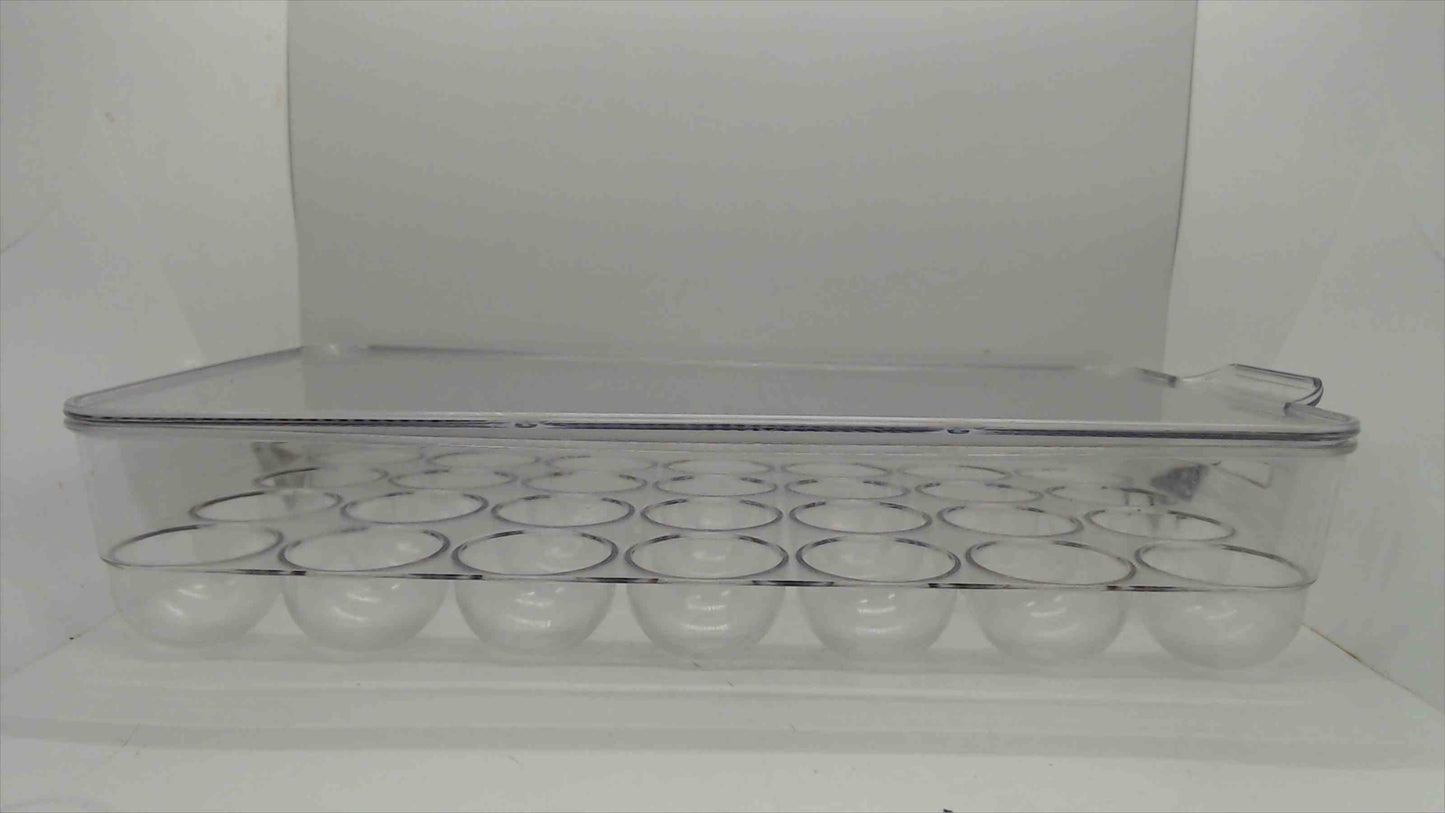 Large Clear Acrylic Refrigerator Egg Holder Tray with Lid – Holds 28 Eggs, 15"x9", Stackable Fridge Organizer