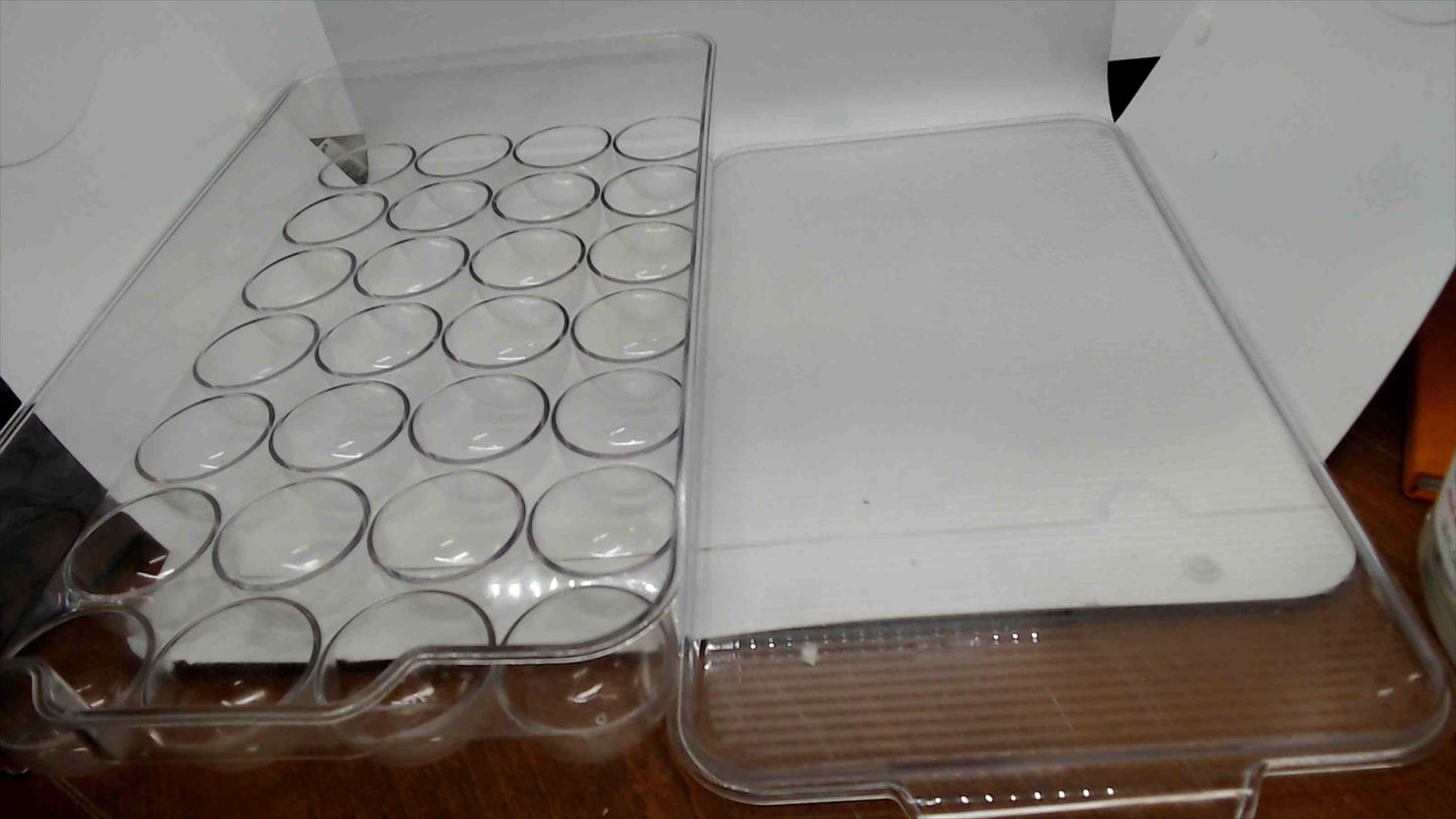 Large Clear Acrylic Refrigerator Egg Holder Tray with Lid – Holds 28 Eggs, 15"x9", Stackable Fridge Organizer