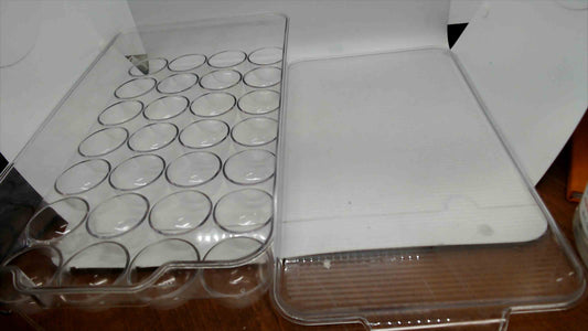 Large Clear Acrylic Refrigerator Egg Holder Tray with Lid – Holds 28 Eggs, 15"x9", Stackable Fridge Organizer