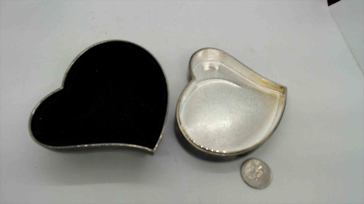 Silver-Plated Heart Trinket Jewelry Box – 2" Tall, Black Velvet Lid & Satin Interior, Ring Earring Keeper