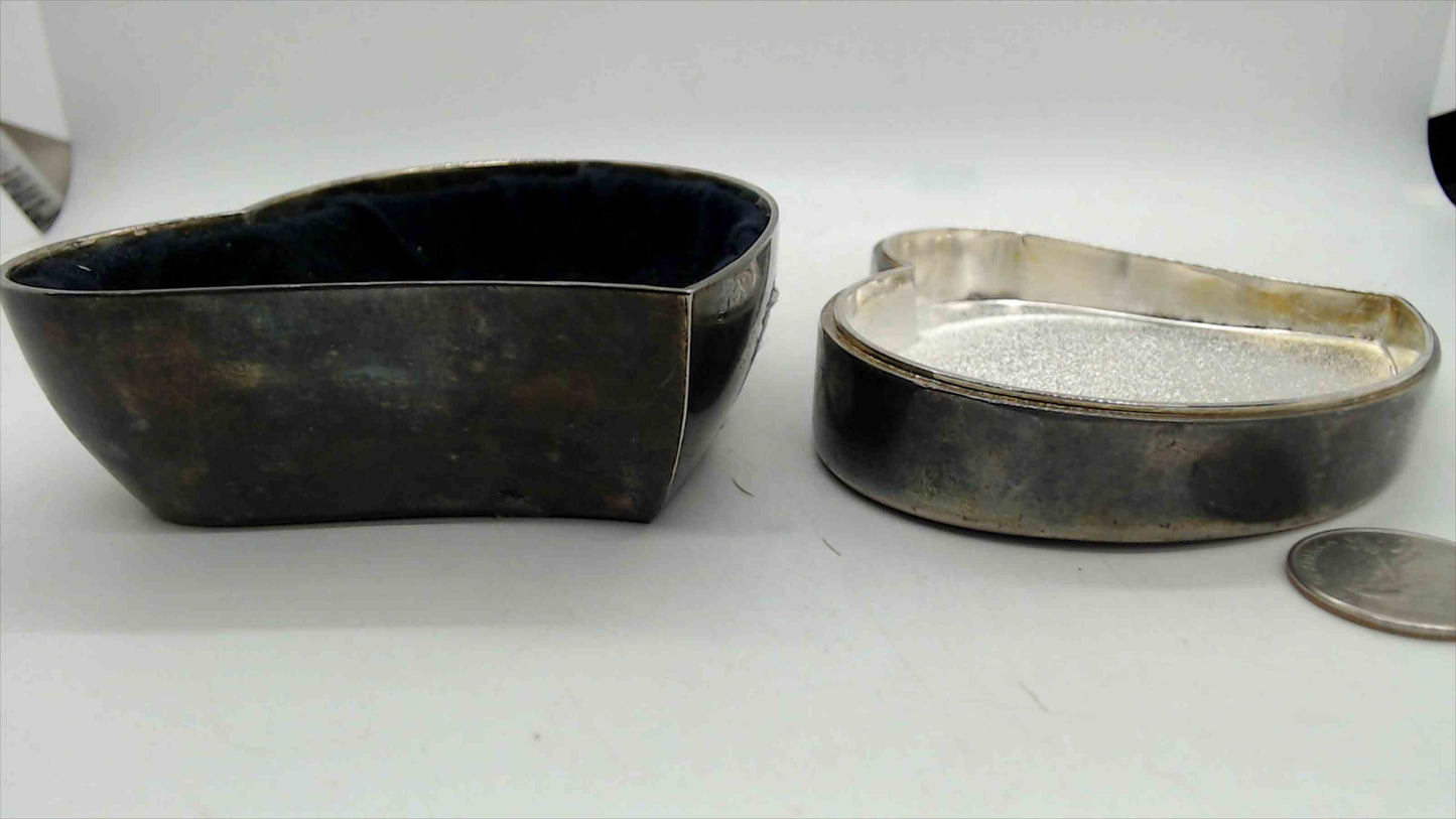 Silver-Plated Heart Trinket Jewelry Box – 2" Tall, Black Velvet Lid & Satin Interior, Ring Earring Keeper