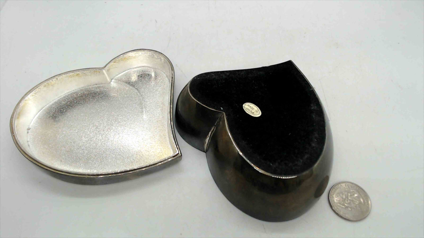 Silver-Plated Heart Trinket Jewelry Box – 2" Tall, Black Velvet Lid & Satin Interior, Ring Earring Keeper