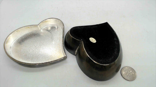 Silver-Plated Heart Trinket Jewelry Box – 2" Tall, Black Velvet Lid & Satin Interior, Ring Earring Keeper