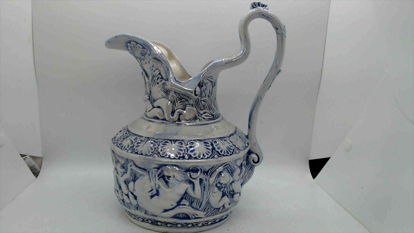 Large Blue & White Relief-Molded Ceramic Pitcher Ewer – 10" Tall, Classical Figural Cherub Frieze, Victorian Baroque Style