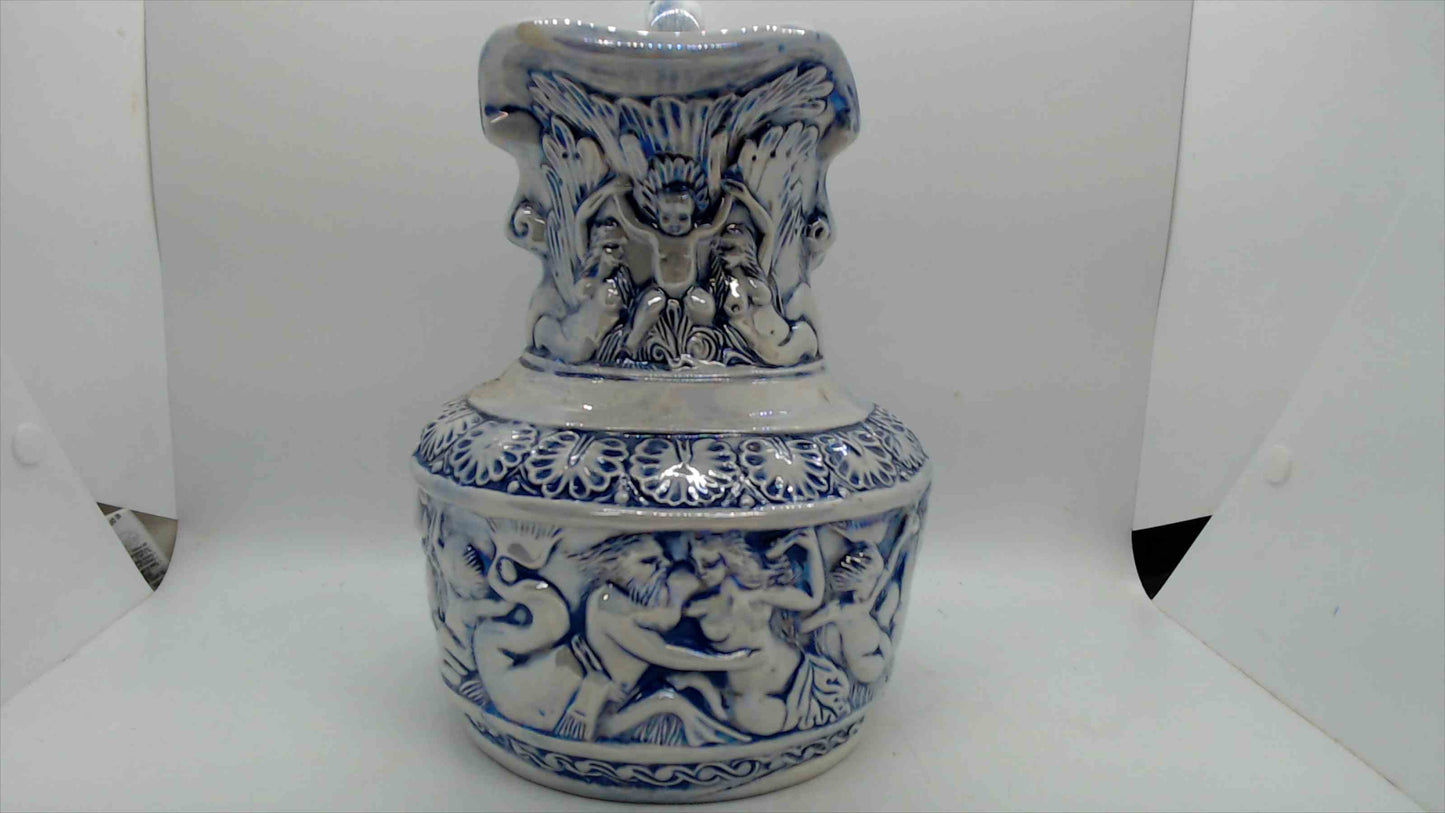 Large Blue & White Relief-Molded Ceramic Pitcher Ewer – 10" Tall, Classical Figural Cherub Frieze, Victorian Baroque Style