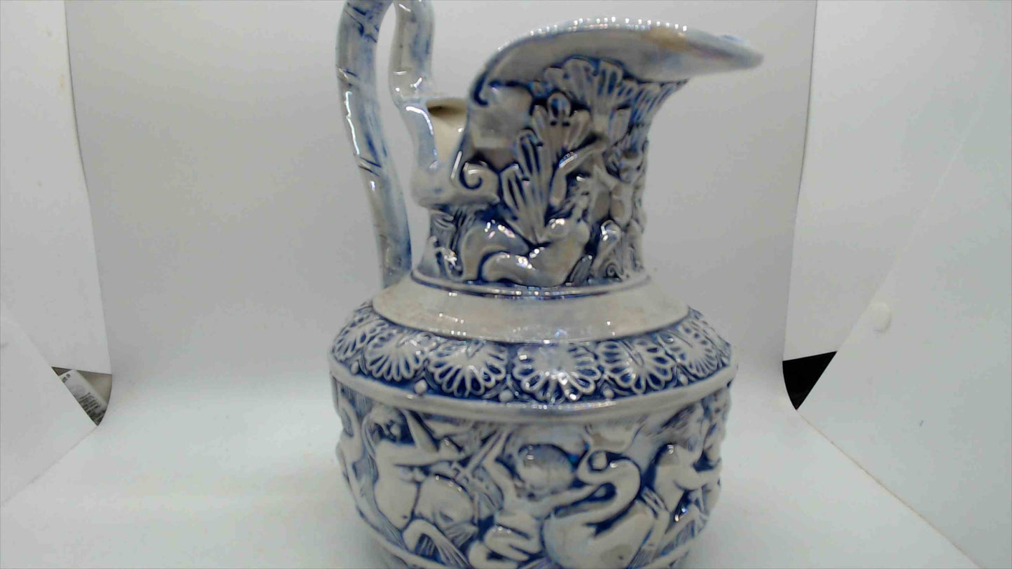 Large Blue & White Relief-Molded Ceramic Pitcher Ewer – 10" Tall, Classical Figural Cherub Frieze, Victorian Baroque Style