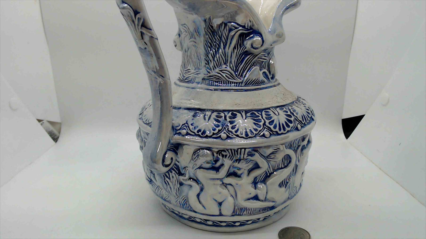 Large Blue & White Relief-Molded Ceramic Pitcher Ewer – 10" Tall, Classical Figural Cherub Frieze, Victorian Baroque Style